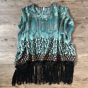 Eclectic print sheer bohemian top with fringe